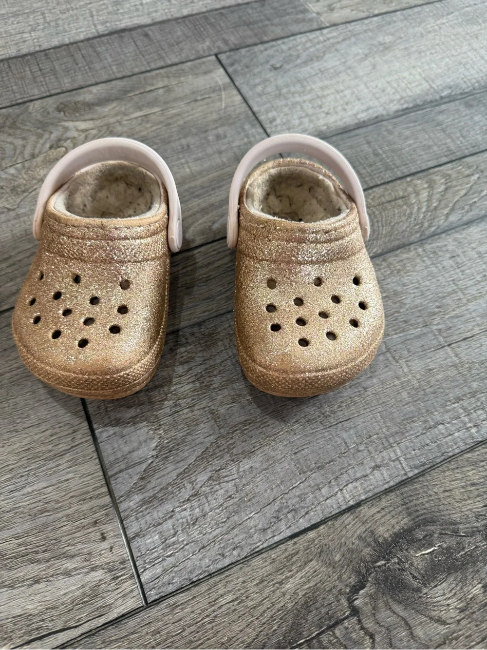 Baby Croc Shoes in Rose Gold with Pink Strap